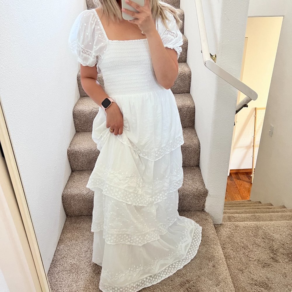 NWT LoveShackFancy Capella White Lace Tiered Puff Sleeve Maxi Dress XS